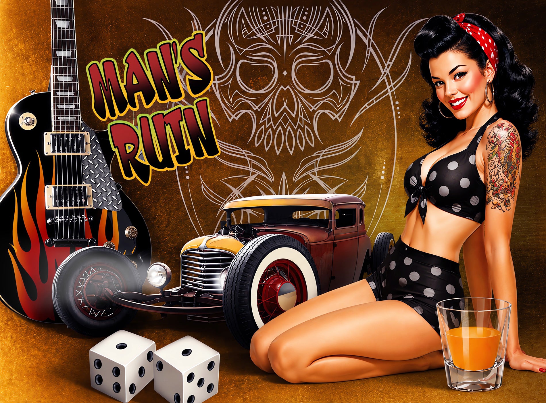 Retro rockabilly pin-up artwork featuring a tattooed brunette pin-up girl beside a vintage hot rod, flame-painted guitar, whiskey glass, and dice with classic Americana garage and tattoo culture styling.