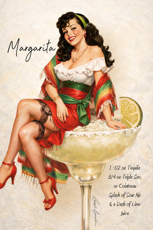 Retro brunette pin-up girl sitting on oversized margarita glass in vintage cocktail wall art by Ralph Burch