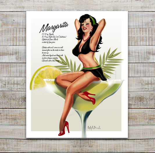 Pin Up Girl sitting on the edge of a Margarita Glass with a Recipe for the drink