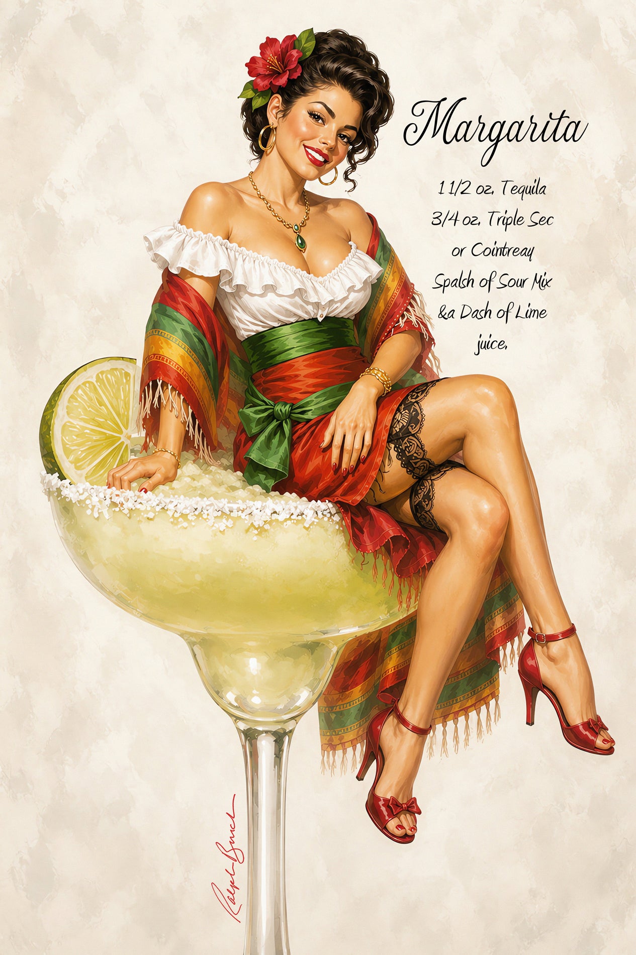 Vintage-style pinup illustration of a woman seated in a margarita glass, wearing a colorful striped poncho and red heels, with a margarita rim, lime wedge, and printed recipe text on a cream textured background.