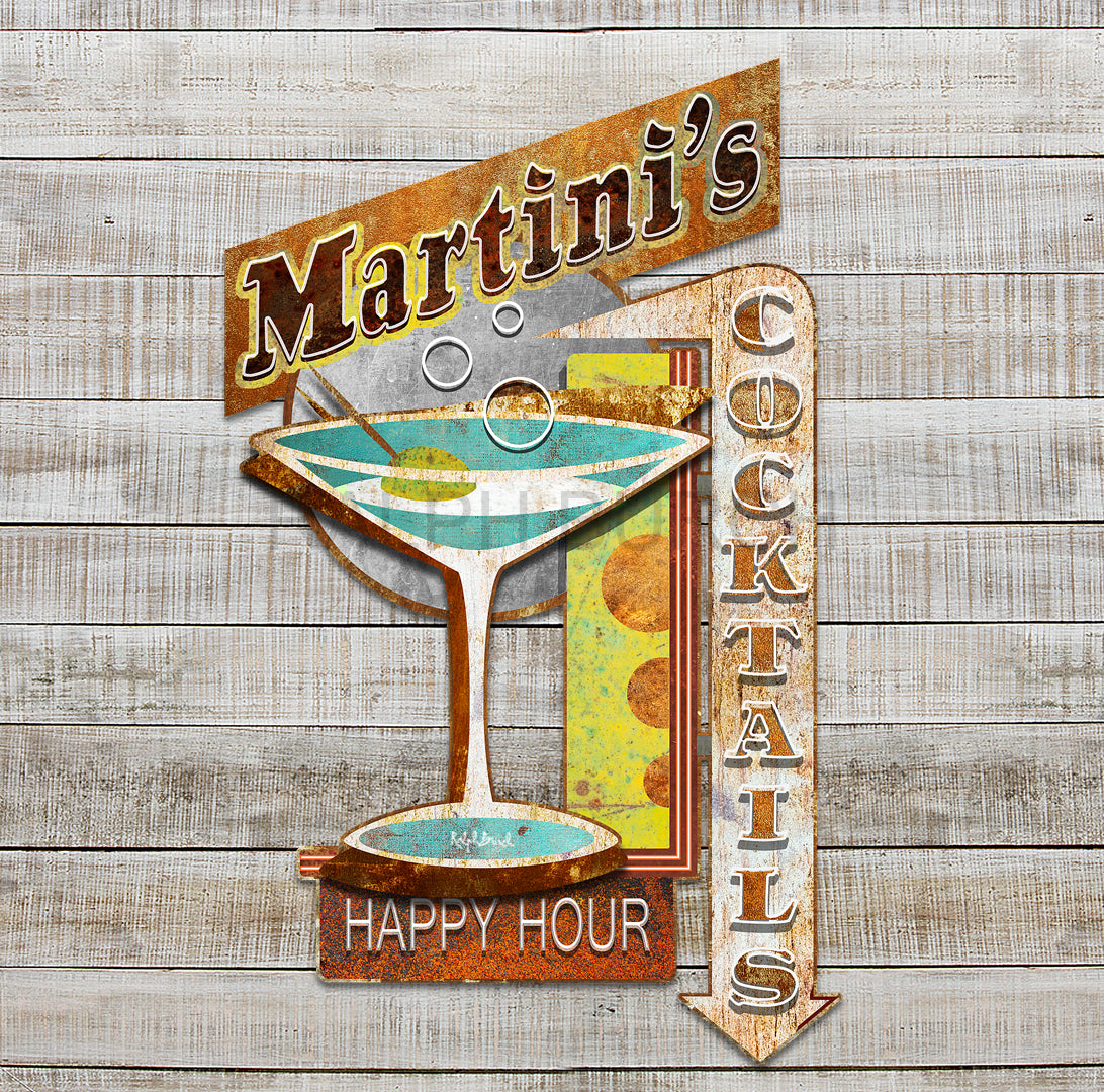 DIMENSIONAL MARTINI METAL WALL ART by Ralph Burch is fashioned after a vintage Bar Sign. The background is like an old Bar Cocktails Exterior Building sign with a Cocktail Glass attached to the background to give the appearance of Dimension.