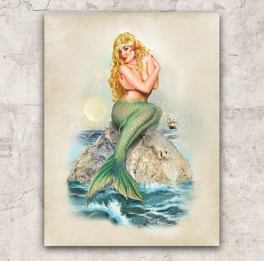 Siren Wall Art by Ralph Burch. The latest of his Mermaid Pin Ups, Pictured is a long blonde hair Siren Mermaid sitting upon the rocks waiting for an oncoming ship.
