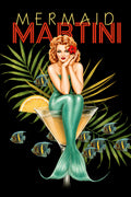 Mermaid in a martini glass with lemon wedge and fish, against a dark background