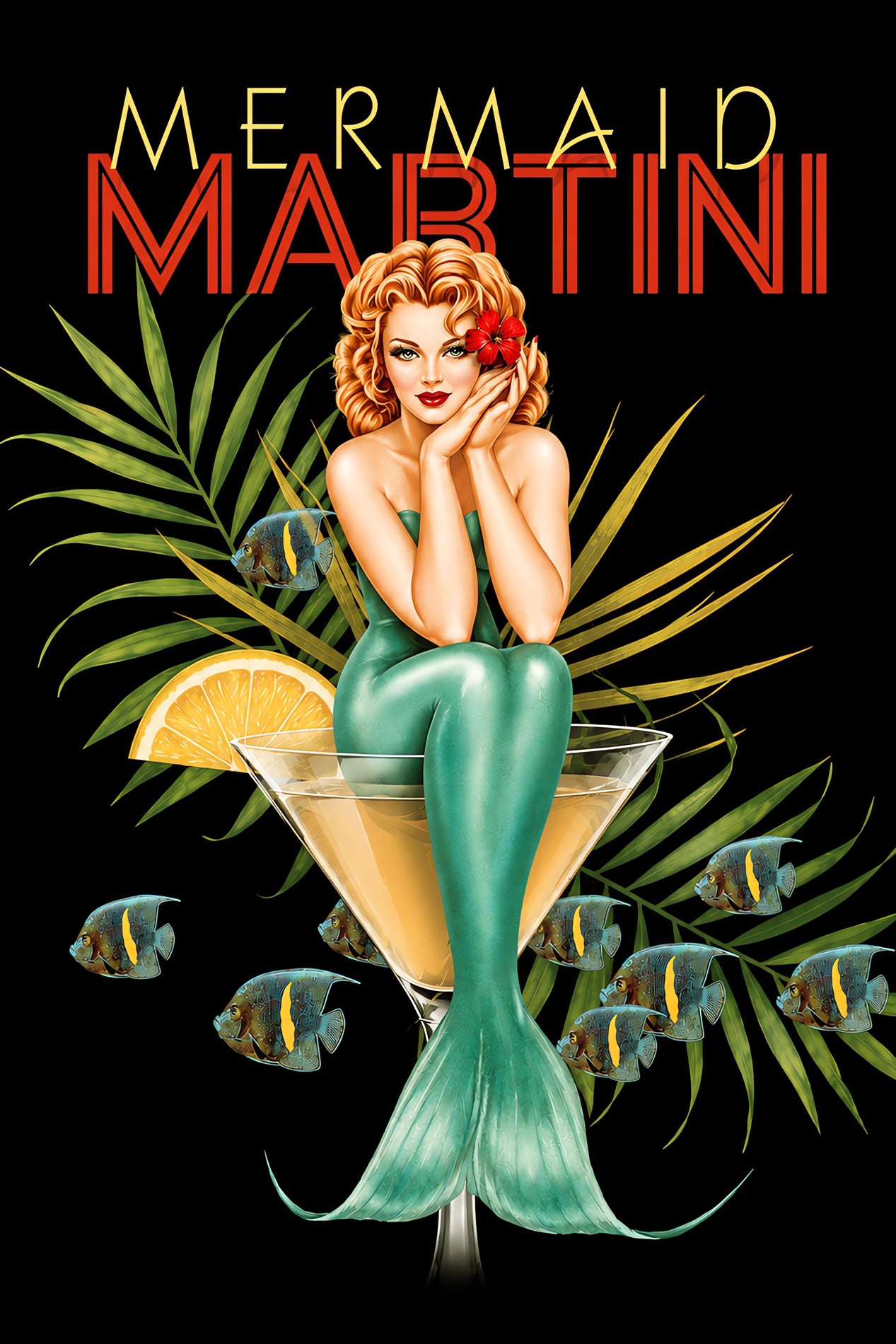 Mermaid in a martini glass with lemon wedge and fish, against a dark background