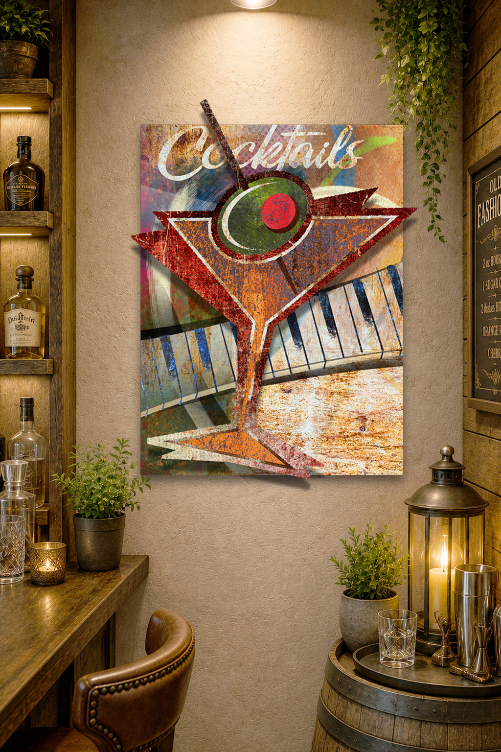 A rectangular wall art print featuring a stylized martini glass with piano keys and the word 'Cocktails' in script, displayed in a rustic bar-themed room with bottles, plants, and a lantern.