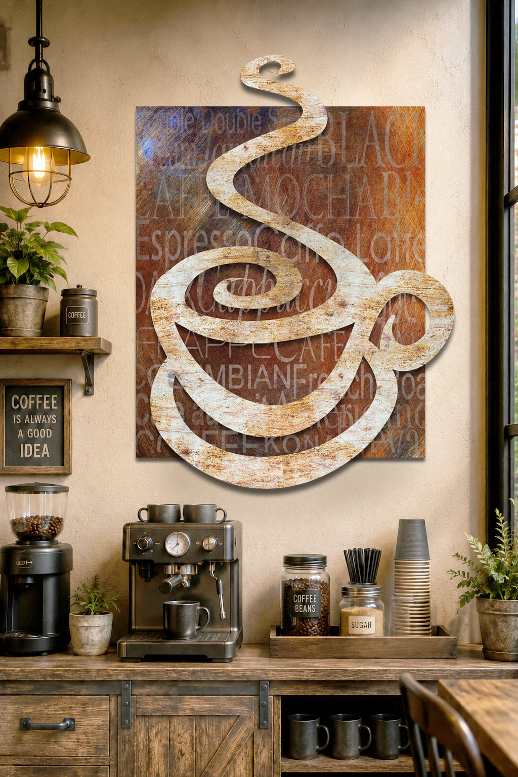 A rustic metal wall art piece shaped like a coffee cup with a swirling steam motif, mounted on a beige wall above a wooden counter in a styled cafe interior.