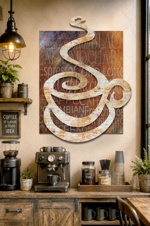 A rustic metal wall art piece shaped like a coffee cup with a swirling steam motif, mounted on a beige wall above a wooden counter in a styled cafe interior.