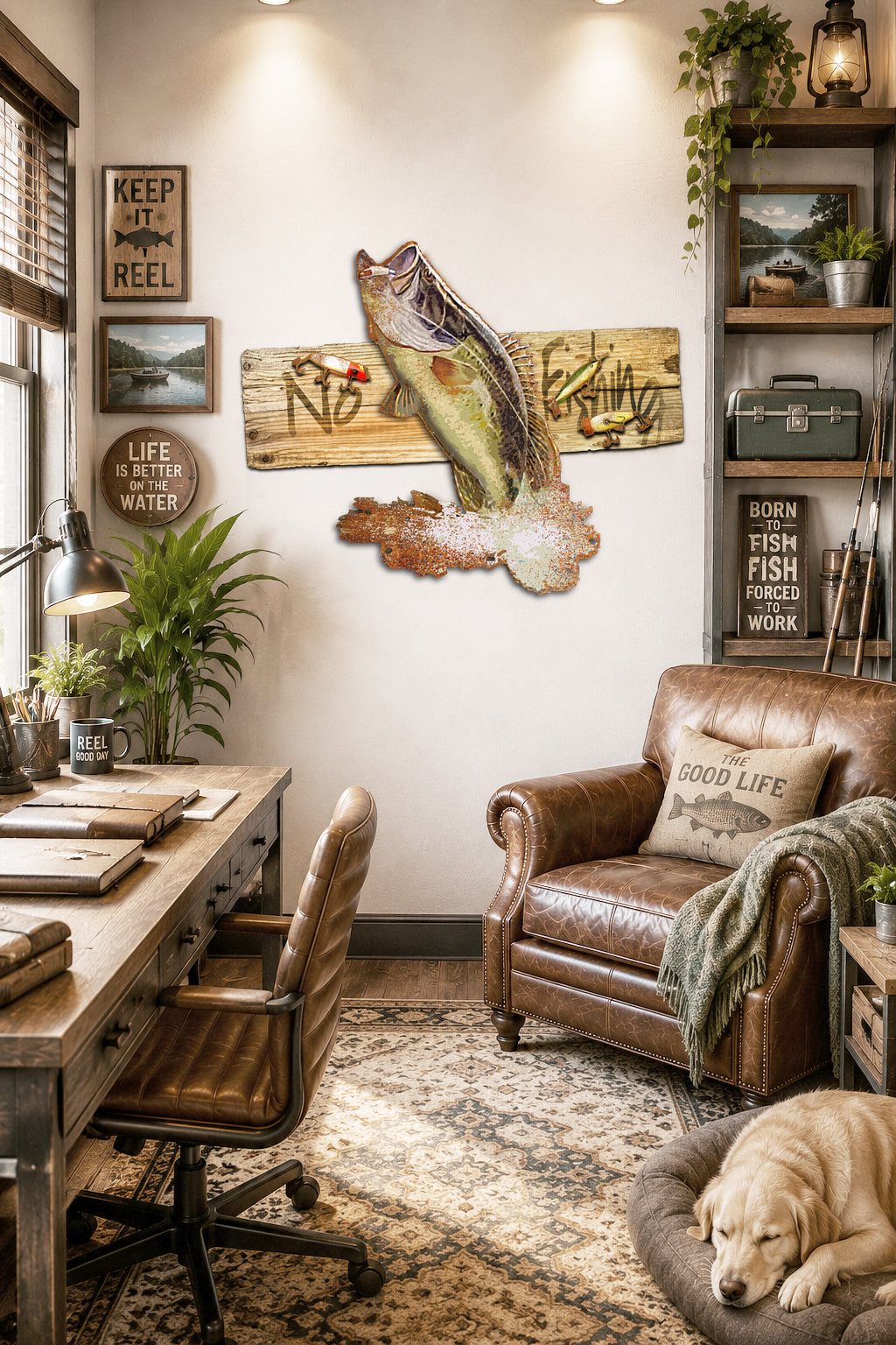 Fishing-themed wall decor featuring two mounted fish cutouts with salt-crystal effects, small fishing lures, and the words 'Hooked on Fishing' on a light beige background.