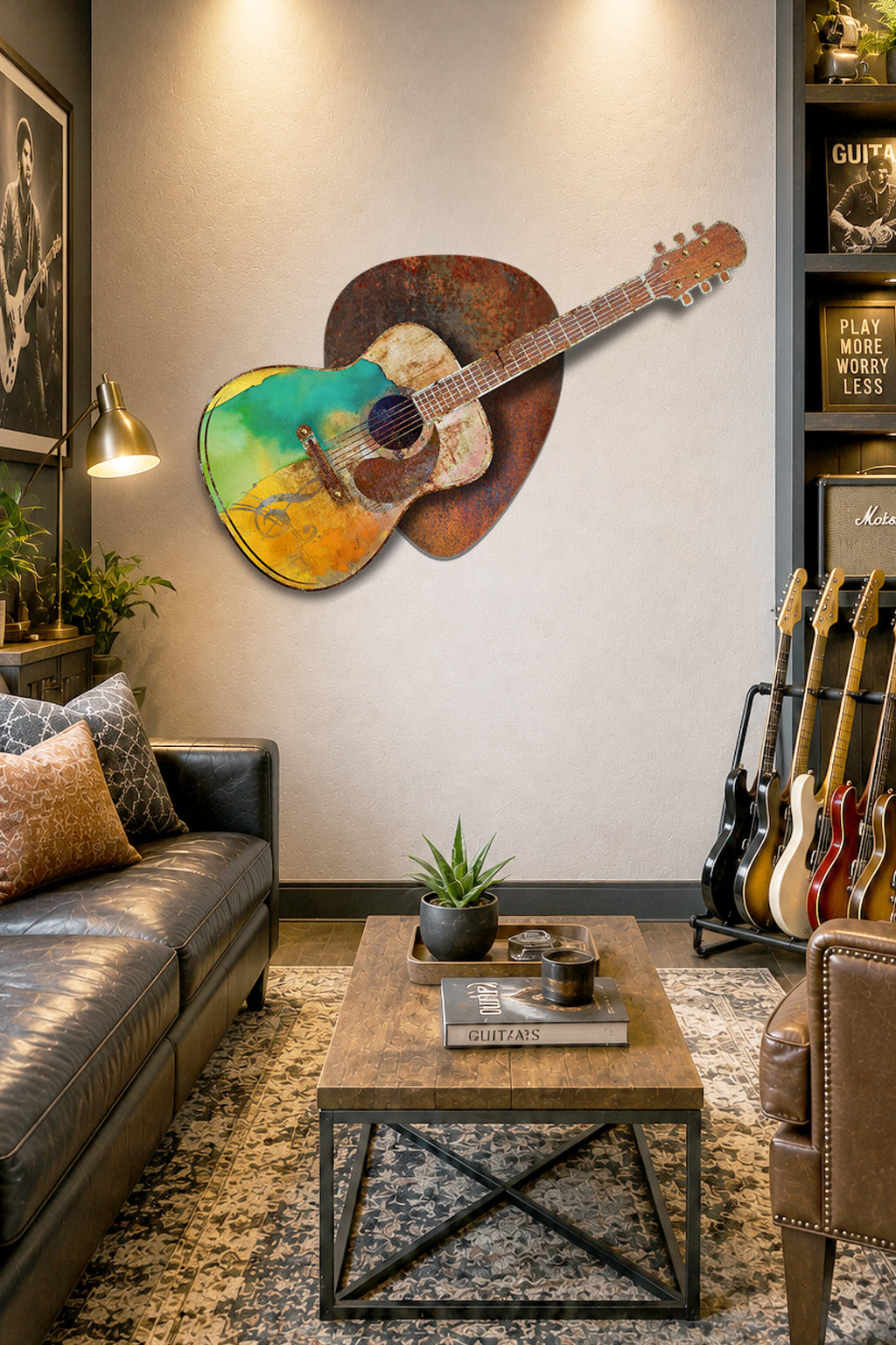 A rustic metal wall art piece shaped like an acoustic guitar, featuring a distressed brown body with a vibrant green, yellow, and orange painted headstock, displayed in a cozy living room setting.
