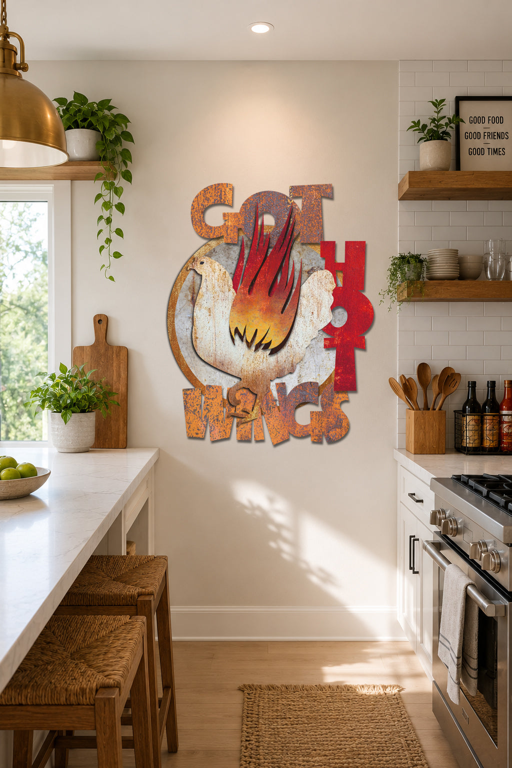 A decorative wall art piece featuring a stylized hot dog with the words 'GOT HOT STINGS' in distressed lettering, displayed on a kitchen wall.