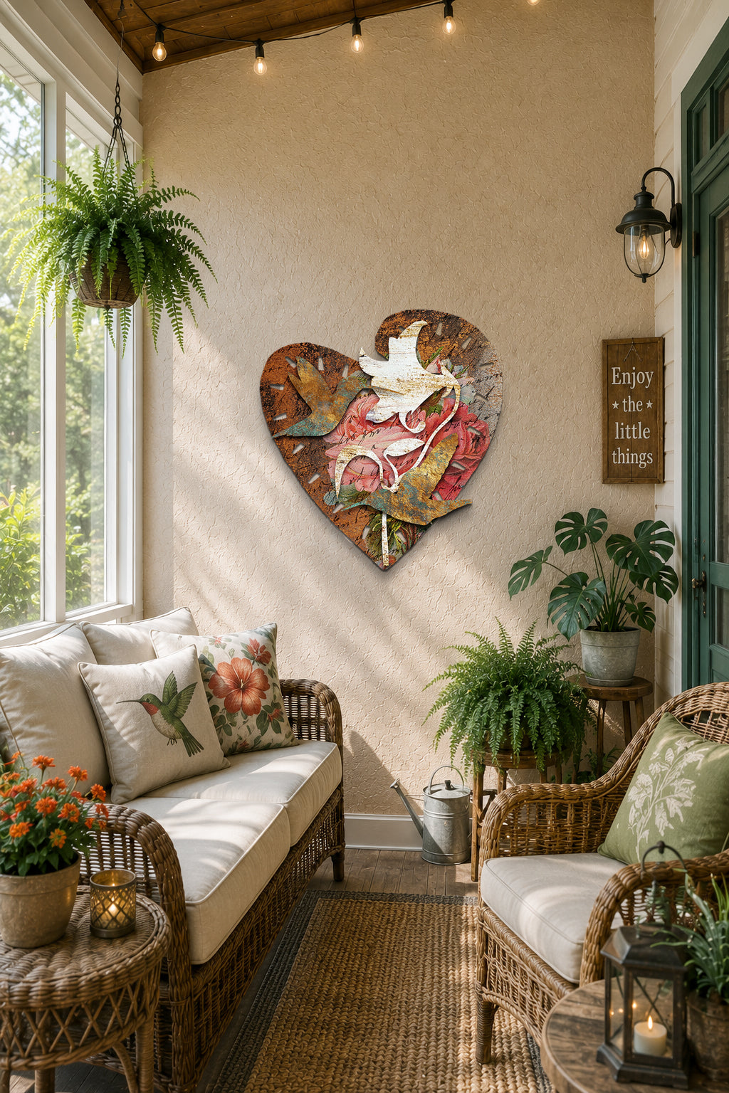 Heart-shaped decorative wall art featuring layered hummingbird cutouts, distressed wood textures, pink floral elements, and the text “I Love Hummingbirds” below, shown on a light beige background.