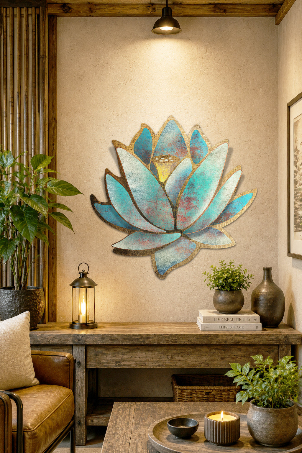 A stylized lotus flower illustration in turquoise, cream, and gold tones on a light beige background, with the text 'The Lotus, A Symbol of Spiritual Awakening' below it.