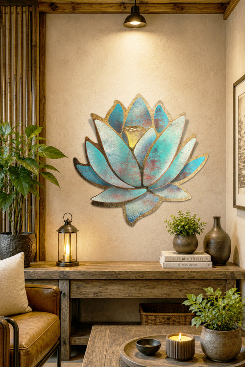 A stylized lotus flower illustration in turquoise, cream, and gold tones on a light beige background, with the text 'The Lotus, A Symbol of Spiritual Awakening' below it.