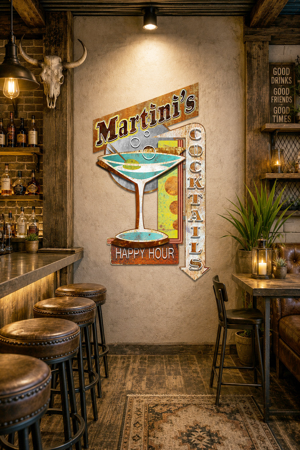 Vintage-style bar sign graphic featuring a martini glass with blue-green cocktail, a tilted wooden 'Martini's' sign, a vertical 'COCKTAILS' sign, and 'HAPPY HOUR' text on a cream background.