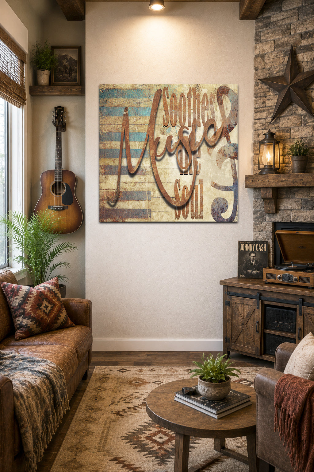 A rustic wall art piece featuring the phrase 'soothing music of soul' in large wooden letters over a distressed blue, beige, and brown striped background, displayed in a cozy living room setting.