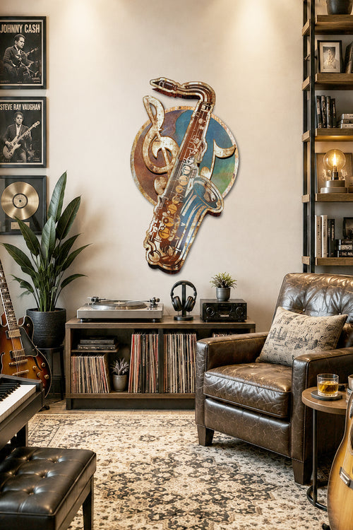 A large metal saxophone wall art piece with a blue and gold gradient finish hangs on a beige wall in a styled living room setting with a brown leather armchair, record player, and plants.
