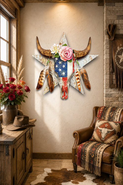 A rustic decorative bull skull with curved horns, layered over a glittery star shape. The skull is painted with an American flag pattern in blue, white, and red, and is adorned with pink and white roses, green leaves, and brown feathers.