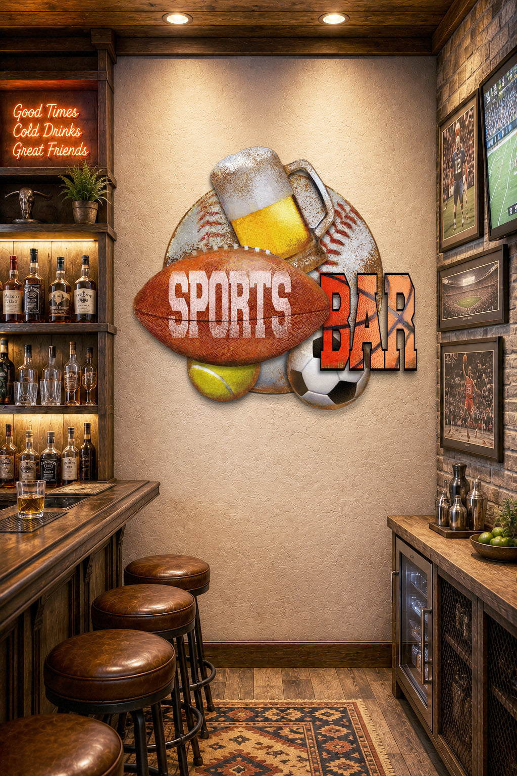 A sports-themed bar wall decal featuring a football, baseball, beer mug, tennis ball, and soccer ball with the words 'SPORTS BAR' on a textured beige wall in a rustic bar setting.