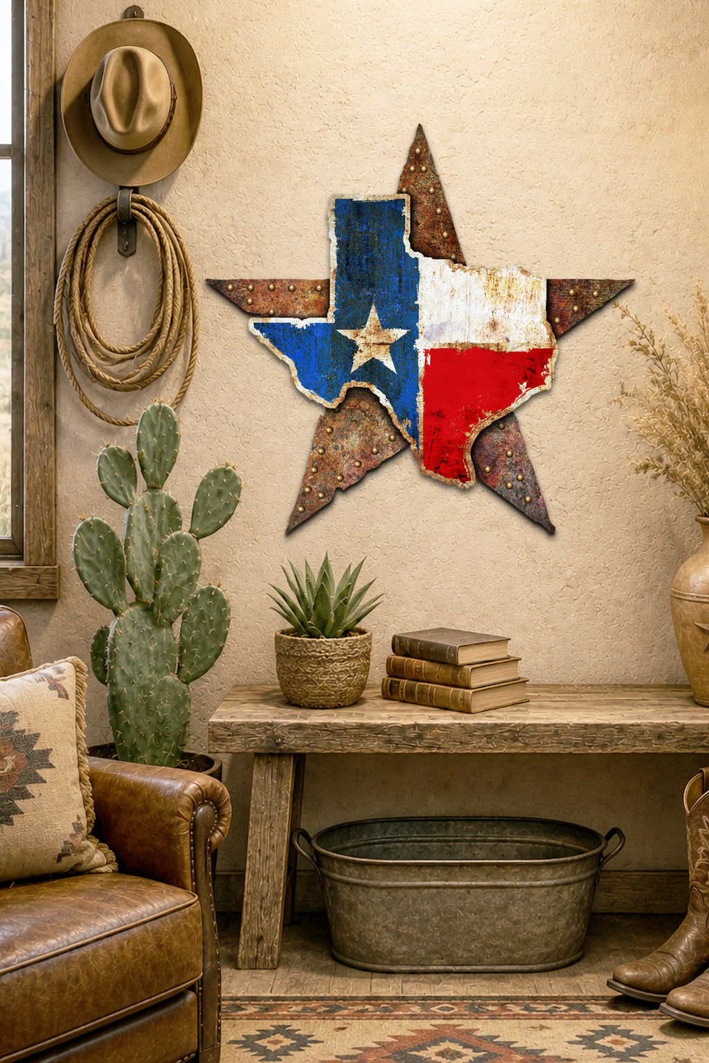 A rustic metal wall art piece shaped like the state of Texas, featuring distressed blue, red, and white sections with a central gold star, displayed on a beige wall in a styled western-themed room with a bench, cactus, and leather chair.