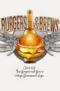 A vintage-style sign design featuring a large burger centered in front of a beer bottle, with the words “BURGERS & BREWS” across the top and smaller text below reading “Check Out This Burgers and Brews Vintage Dimensional Sign.”.