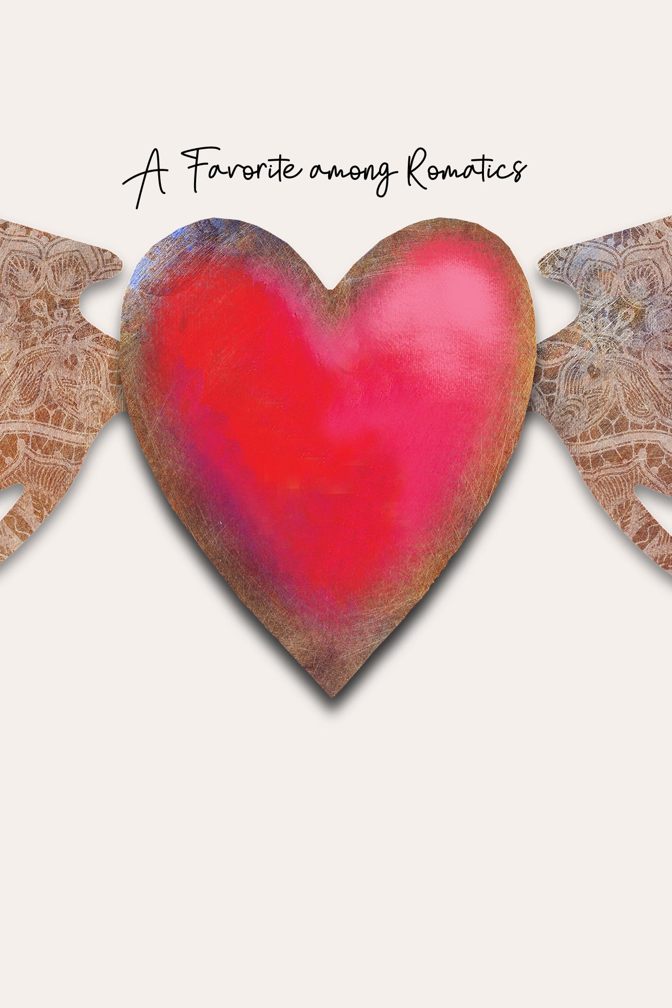 A square book cover featuring a central textured red and pink heart with brown wings and the handwritten title 'A Favorite among Romantics' at the top on a light cream background.