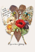 A decorative butterfly-shaped art print featuring a collage of vintage-style elements: a red poppy flower, cream and dark purple flowers, script text, a butterfly motif, and the phrase 'Love is like a Butterfly' at the bottom.