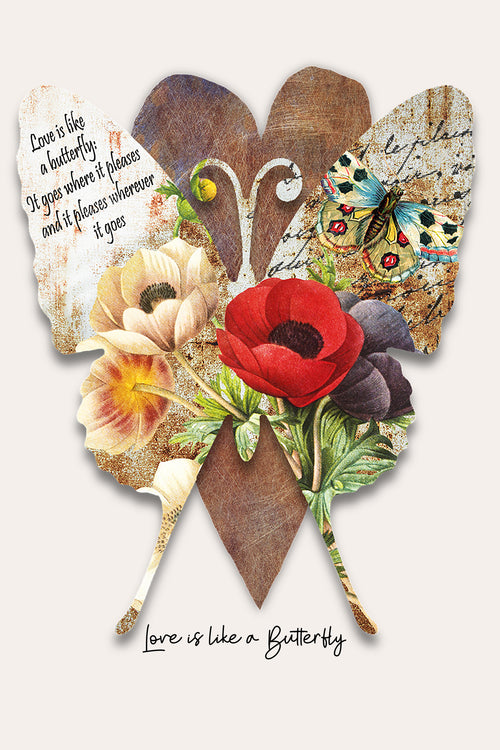 A decorative butterfly-shaped art print featuring a collage of vintage-style elements: a red poppy flower, cream and dark purple flowers, script text, a butterfly motif, and the phrase 'Love is like a Butterfly' at the bottom.