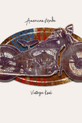 Vintage-style graphic print featuring a motorcycle silhouette over a distressed American flag motif, with the text 'American Mode' at the top and 'Vintage Kool' at the bottom on a light beige background.