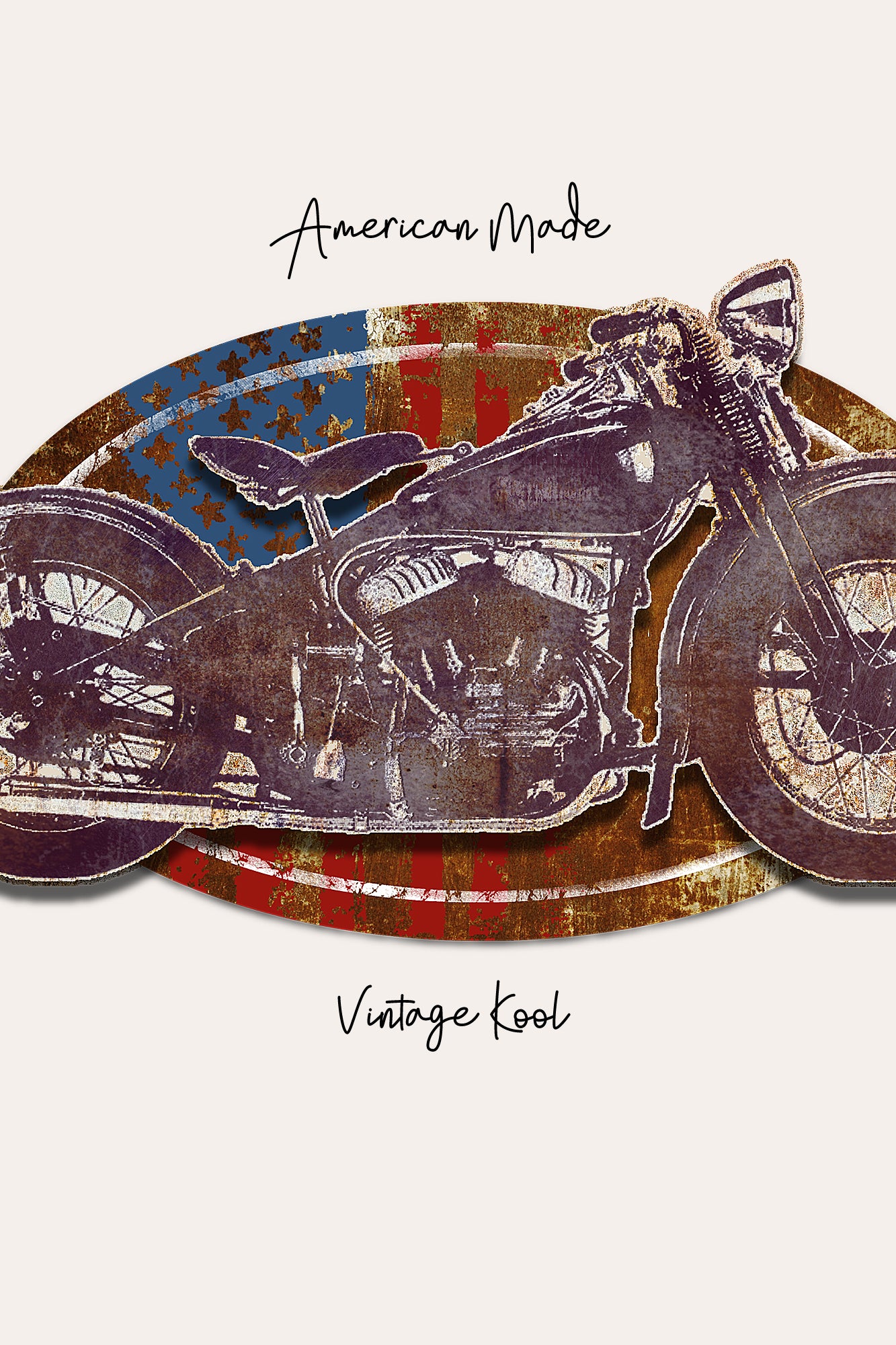 Vintage-style graphic print featuring a motorcycle silhouette over a distressed American flag motif, with the text 'American Mode' at the top and 'Vintage Kool' at the bottom on a light beige background.