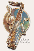 A large metal saxophone wall art piece with a blue and gold gradient finish hangs on a beige wall.