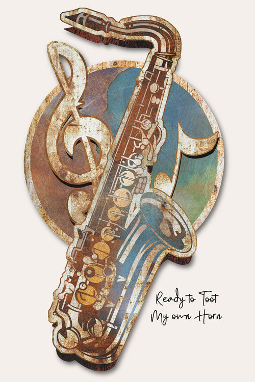 A large metal saxophone wall art piece with a blue and gold gradient finish hangs on a beige wall.