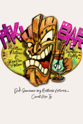A stylized illustrated tiki mask centered on a light beige background, with large pink and purple lettering reading 'Tiki Bar' across the top and handwritten text below that says 'Did Someone say Restless Natures.