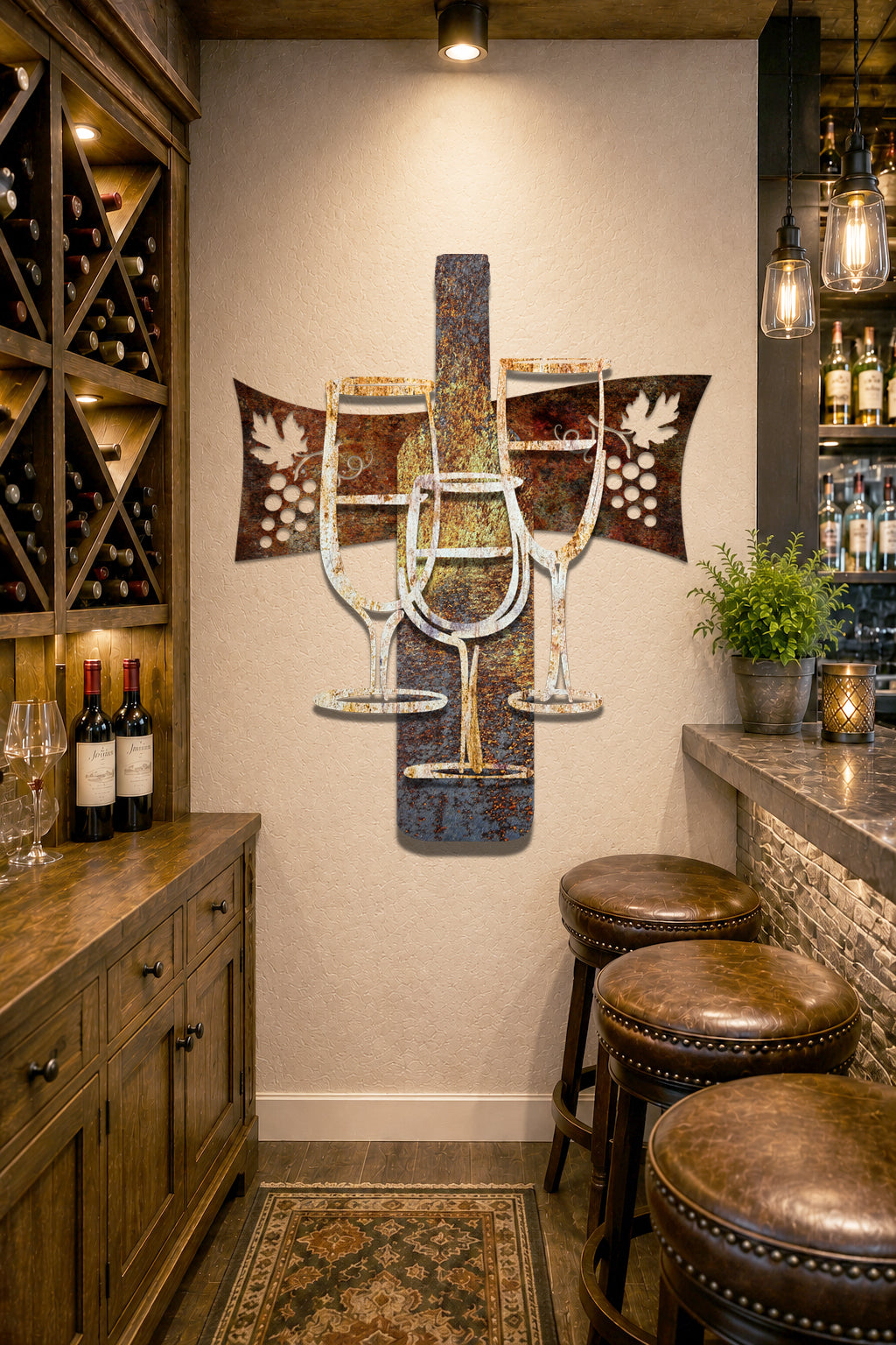 Rustic metal wall art featuring a wine bottle and two wine glasses layered over grapevine-shaped cutouts, with the phrase 'It's Wine Time' printed below on a light beige background.