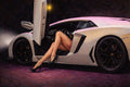 Modern pin-up inspired artwork featuring a glamorous woman stepping from a white exotic supercar with scissor doors in moody neon nightlife styling and luxury automotive decor aesthetics.