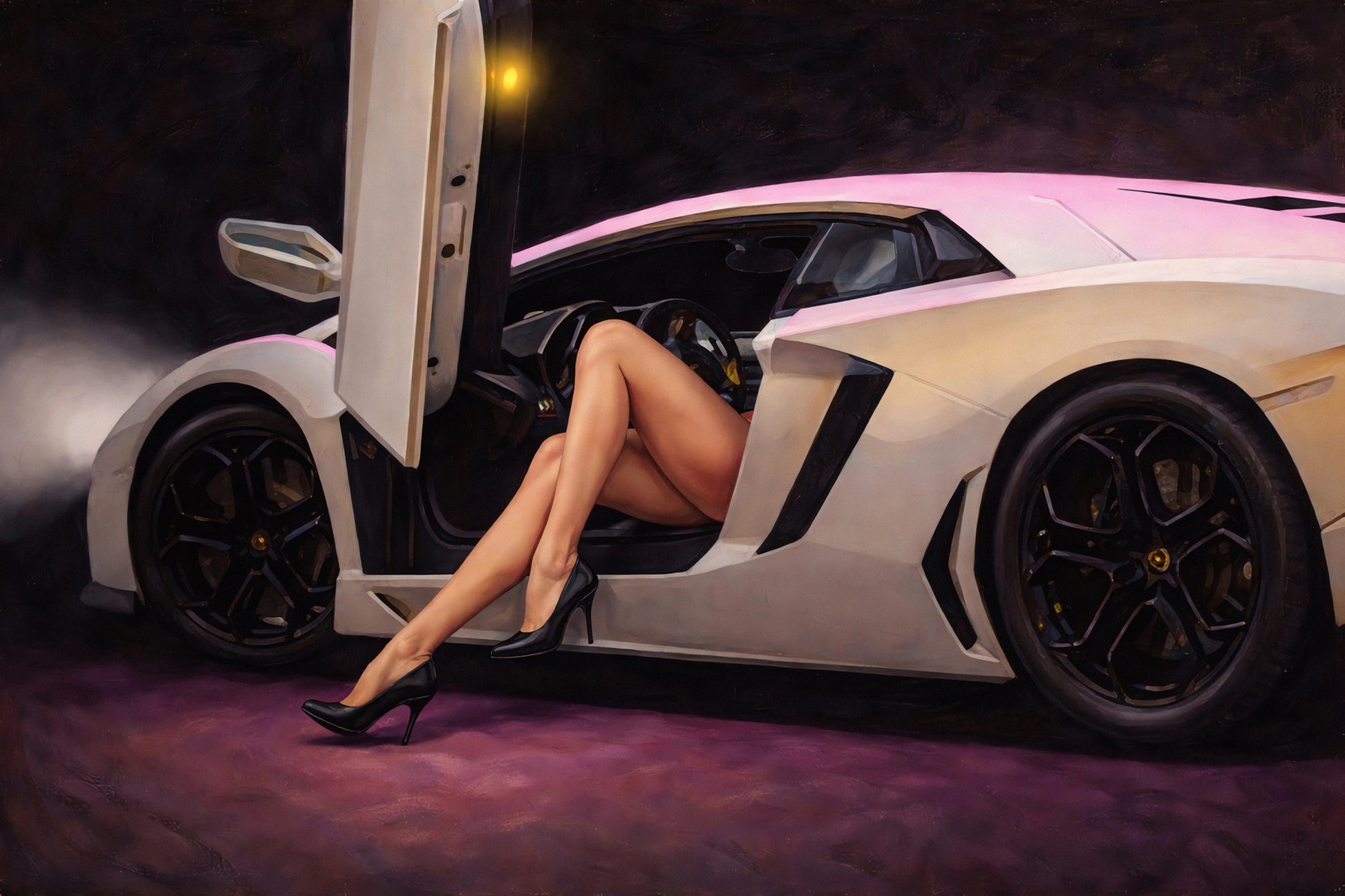 Modern pin-up inspired artwork featuring a glamorous woman stepping from a white exotic supercar with scissor doors in moody neon nightlife styling and luxury automotive decor aesthetics.