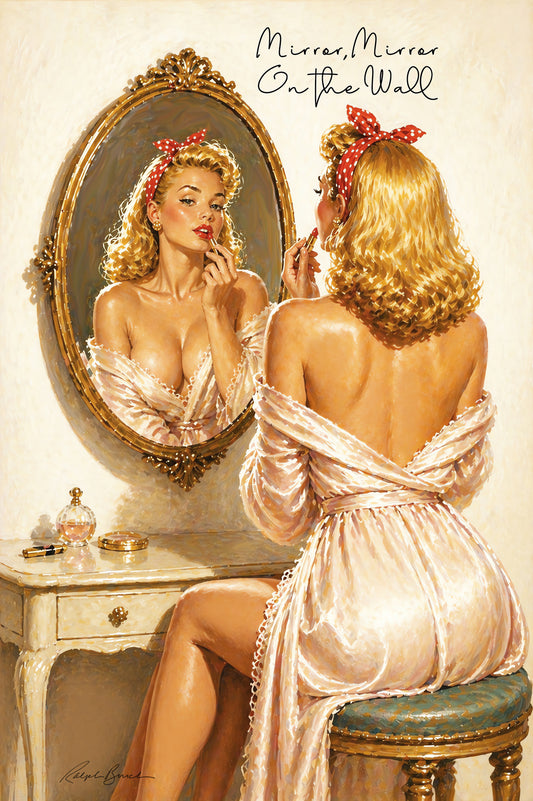 Vintage-inspired pin up artwork featuring glamorous blonde woman in sheer robe applying lipstick at ornate vanity mirror with warm golden tones and classic retro Hollywood glamour styling.