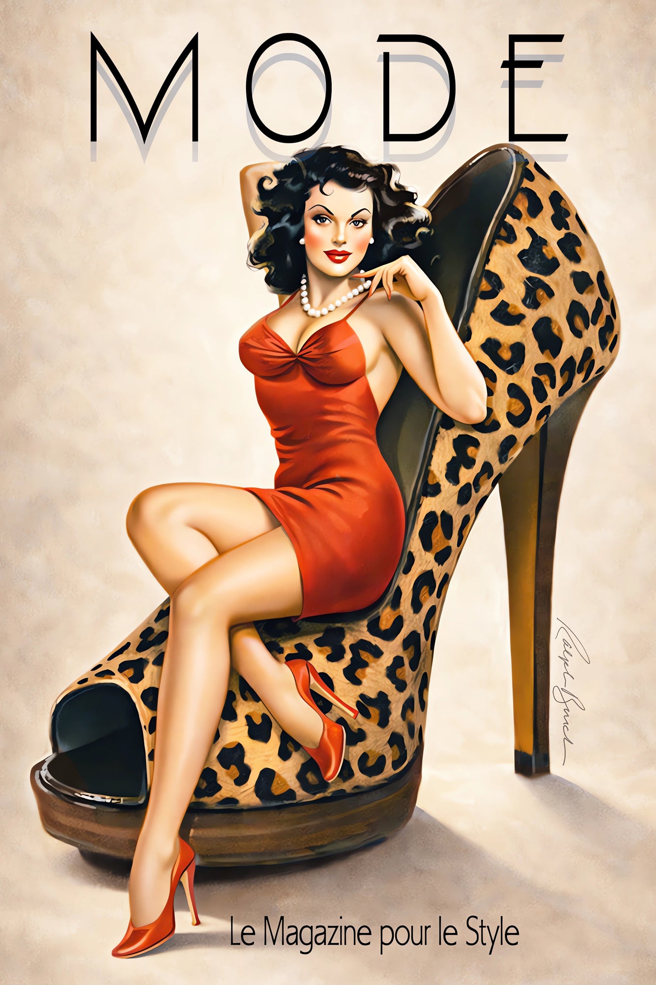Vintage-inspired pin up artwork featuring glamorous brunette woman in red dress and red heels posed against oversized leopard-print stiletto shoe with retro fashion magazine styling and classic pin up glamour aesthetic.