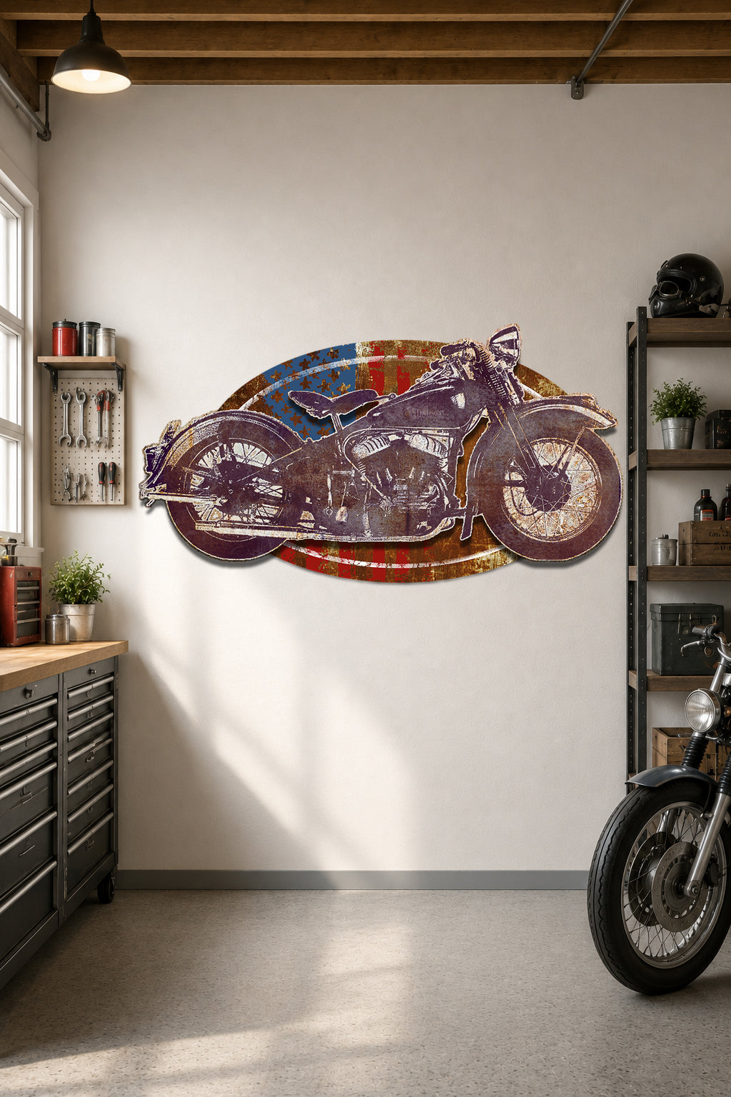 A large wall decal of a vintage motorcycle in purple, blue, and red tones, displayed on a white wall in a garage setting with a real motorcycle parked nearby.