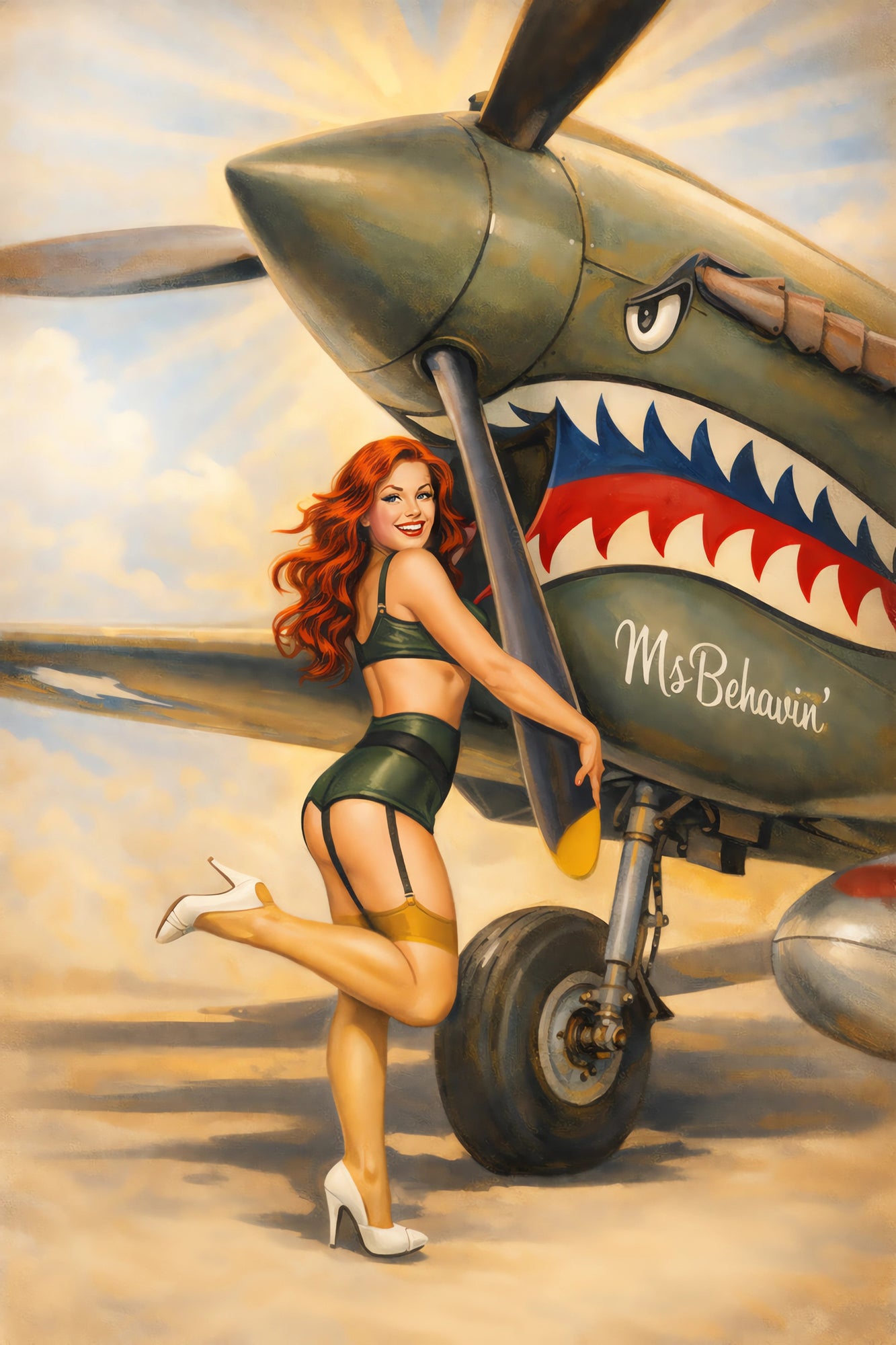 Vintage aviation pin up artwork featuring glamorous redheaded woman in retro military-inspired outfit posing beside WWII fighter plane with shark-mouth nose art and classic Americana pin up styling.
