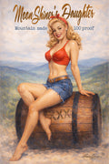 Retro blonde pin-up woman sitting on whiskey barrel in rustic moonshine-inspired wall art by Ralph Burch