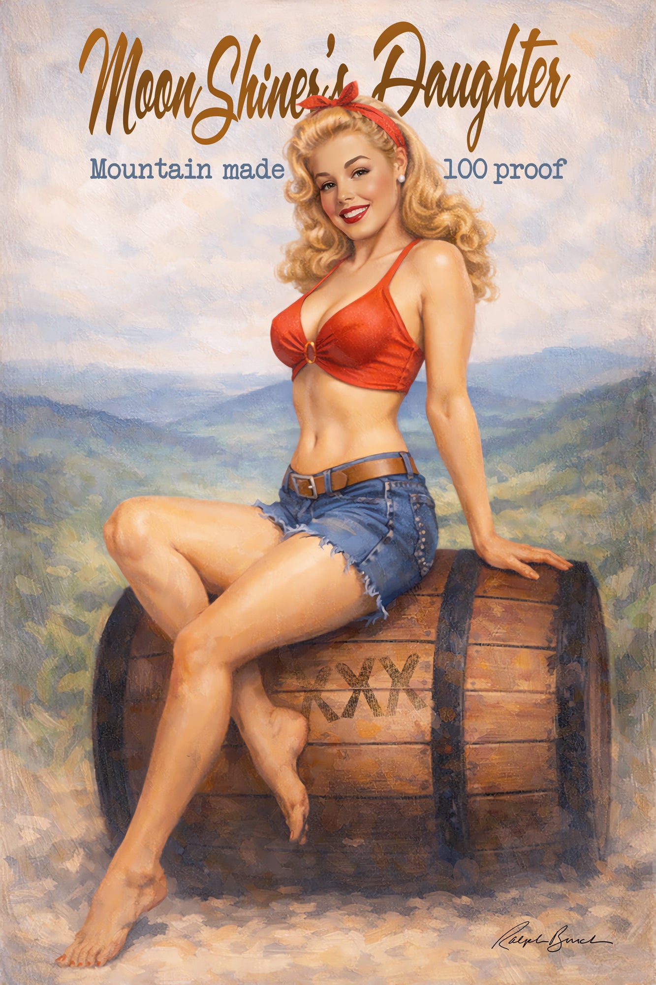 Retro blonde pin-up woman sitting on whiskey barrel in rustic moonshine-inspired wall art by Ralph Burch