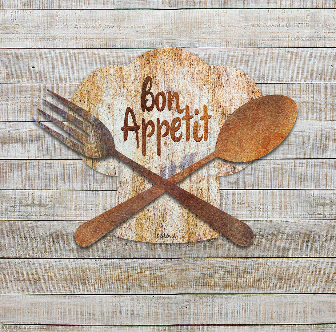 Bon Appetit Dimensional Chef's Hat Wall Décor by Ralph Burch. Pictured is a Chef's hat in weathered whiteish tones. Raised and attached to the Hat are a crossed fork and spoon also in rustic tones. The words are at the top of the chef's hat which read: Bon Appetit