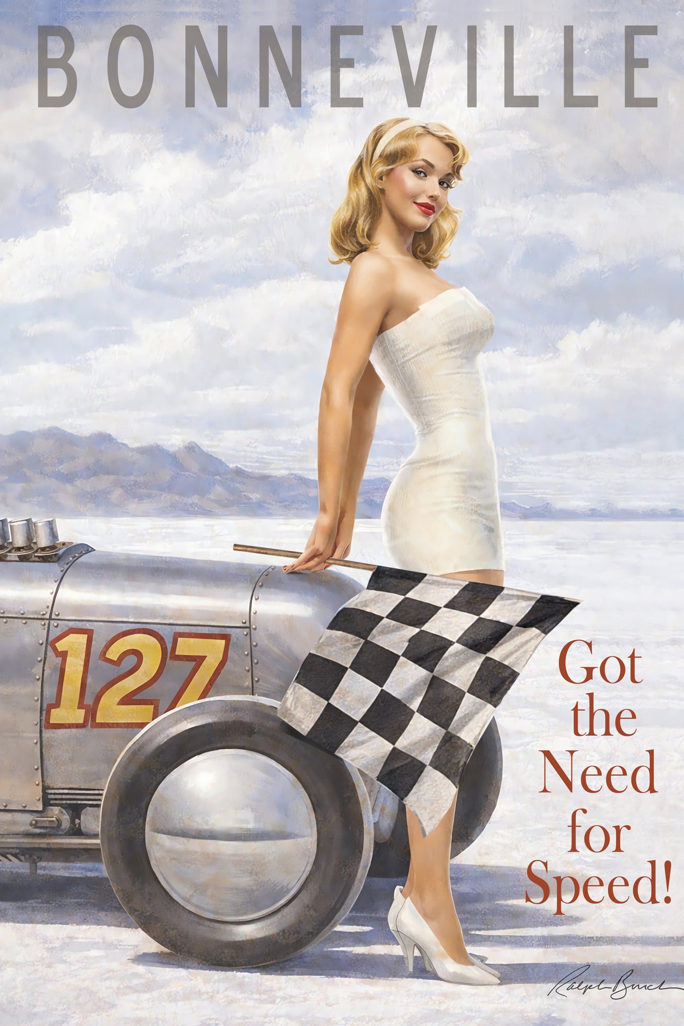 Vintage-inspired pin-up racing artwork featuring a glamorous blonde pin-up beside a classic Bonneville land-speed race car holding a checkered flag on the salt flats in nostalgic Americana motorsports styling.