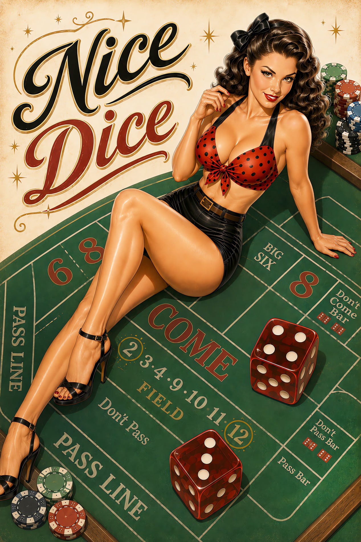 Vintage-style illustrated poster reading 'Nice Dice' featuring a pin-up woman seated on a green casino betting table with red dice and chips.