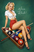 Vintage-style pinup illustration of a woman reclining in a pool triangle filled with billiard balls, with a pool cue and the text 'Nice Rack!' on a green background.