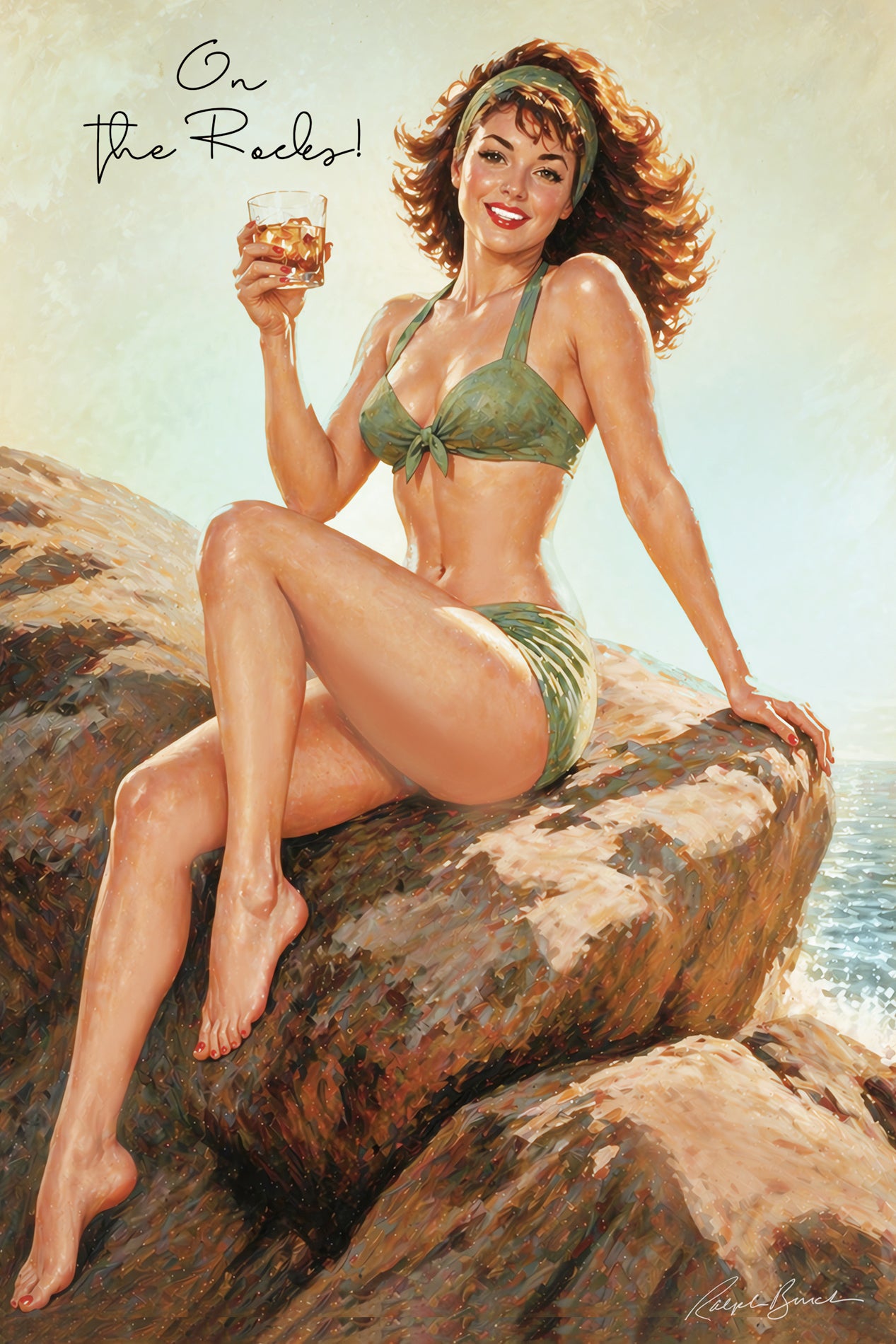 Vintage-style illustrated pin-up scene showing a woman in an olive green bikini sitting on a large rock by the water, holding a glass of amber liquid, with the text 'On the Rocks!' in the upper left.