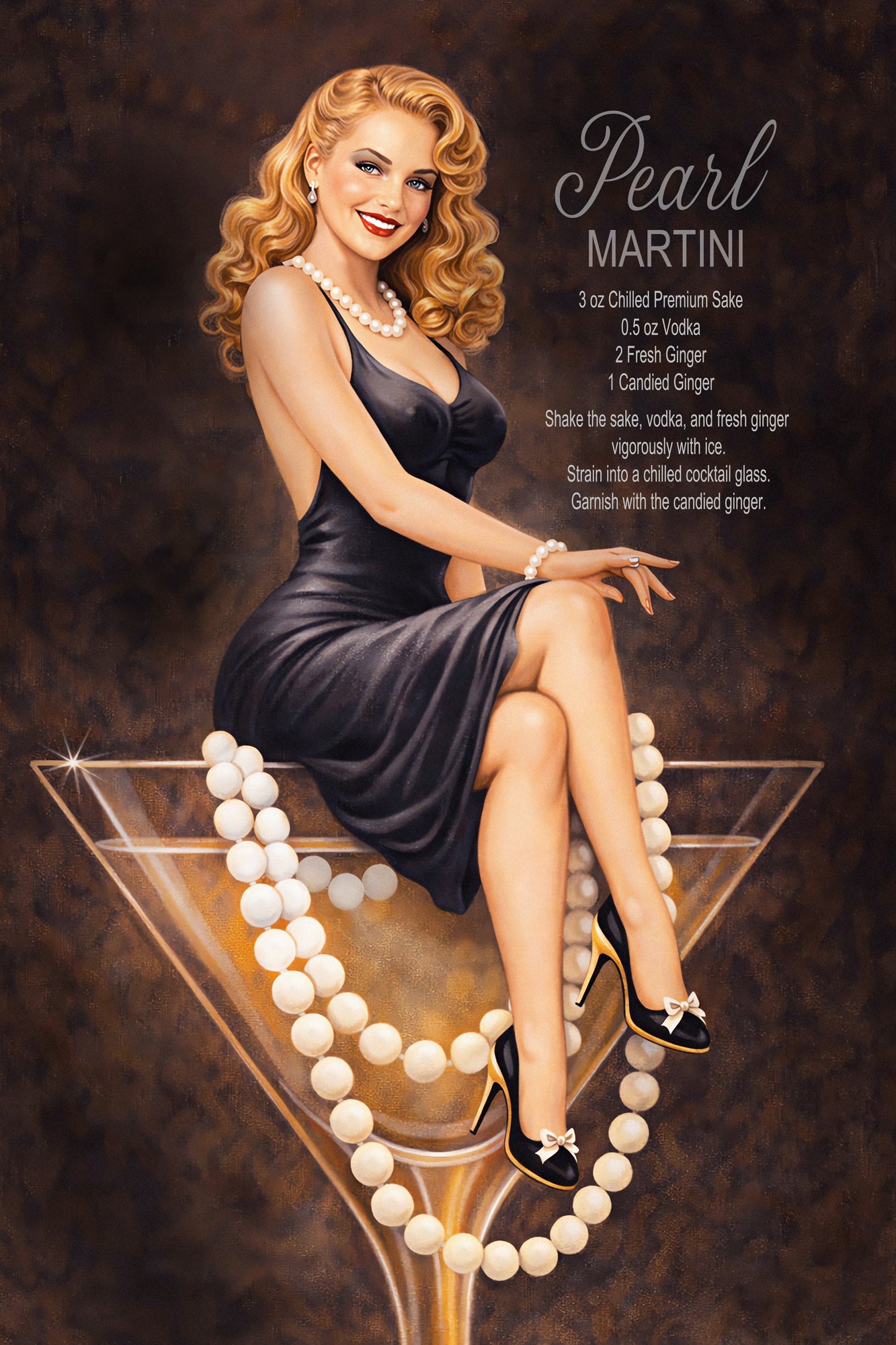 Elegant blonde retro pin-up woman sitting on martini glass with pearls in vintage cocktail wall art by Ralph Burch
