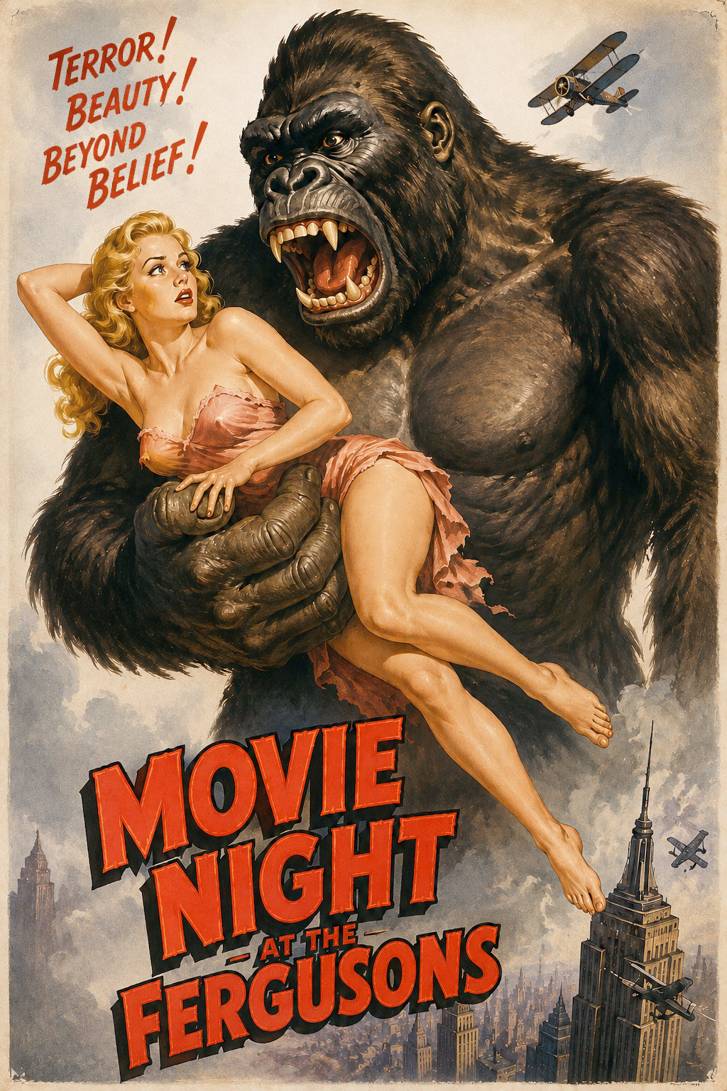 Vintage-style movie poster artwork for 'Movie Night at the Ferguson' showing a giant roaring gorilla holding a blonde woman, with biplanes and a city skyline in the background and bold red title text.