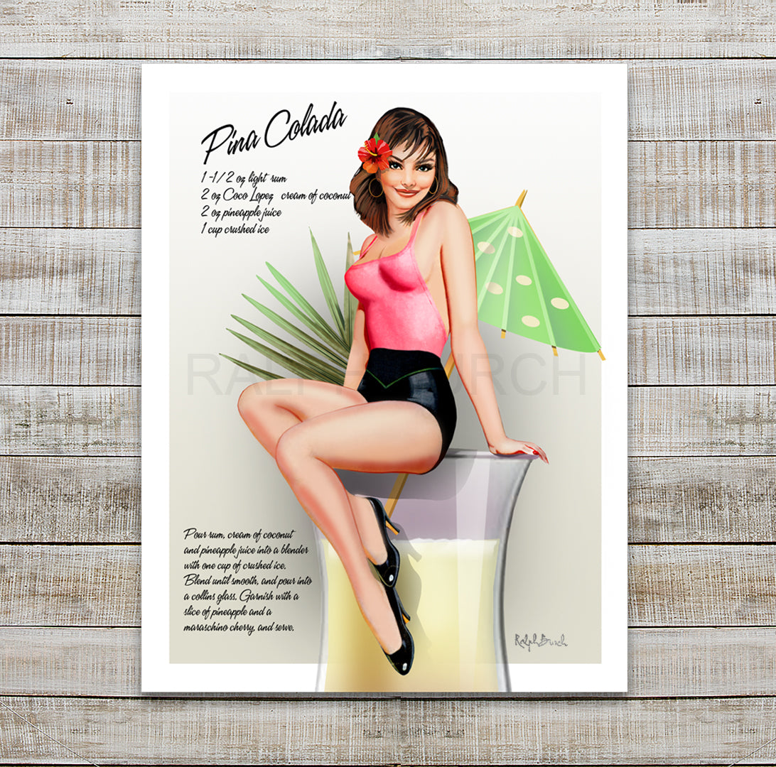 A stylish vintage Pin Up girl sitting on the edge of a Pina Colada Cocktail with the recipe on the background