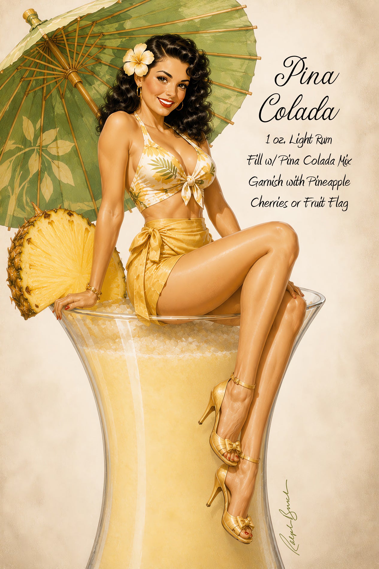 Vintage-style pinup artwork of a woman in a gold bikini sitting in a large margarita glass, with a green umbrella and pineapple props, plus the text 'Pina Colada' and a recipe on a cream background.